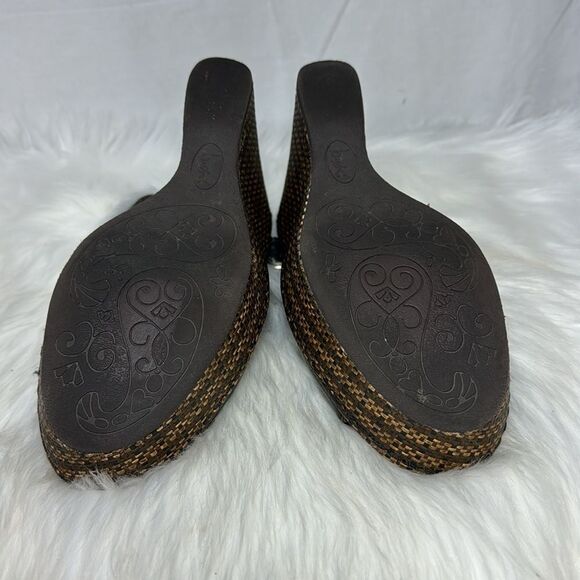 Born BOC Black Leather Raffia Wedge Peep Toe Shoes Sz 9 - Picture 6 of 6